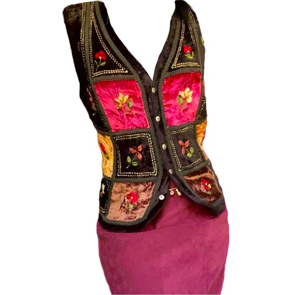 Vintage Y2K Velvet & Jacquard Embroidered Patchwork Vest New Age Witchy Floral - Picture 2 of 13